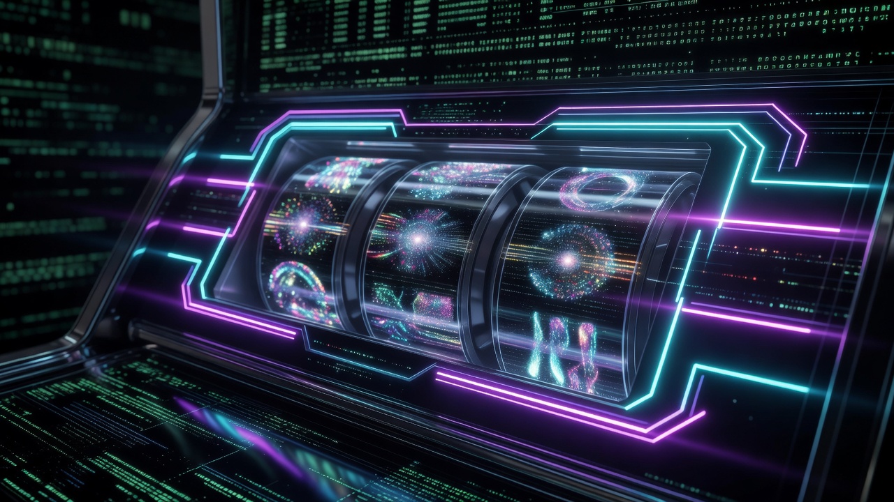 Cyber matrix quantum slot machine reel preview graphic with futuristic neon light bars