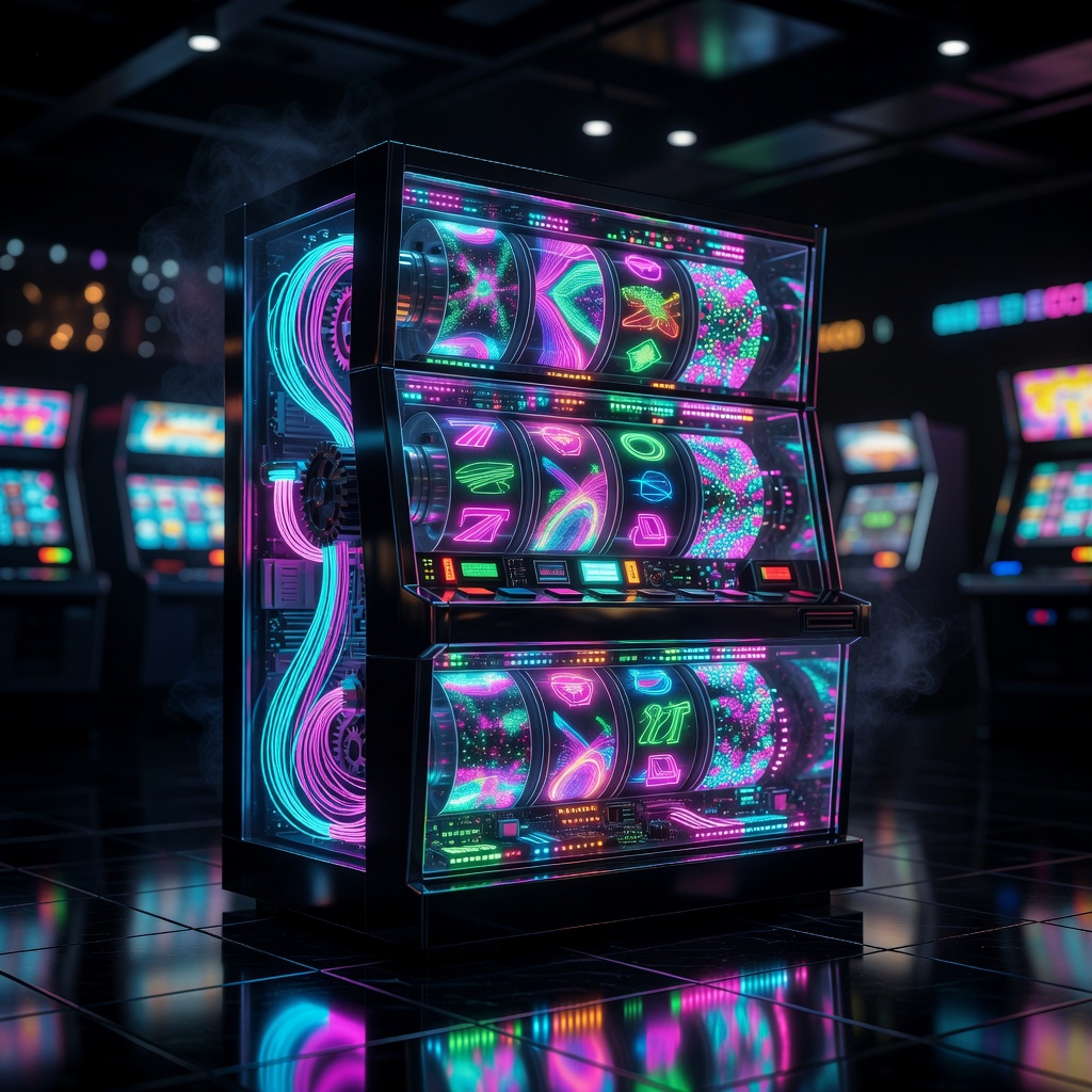 Cyber slot machine neon visual lights atmosphere in high resolution