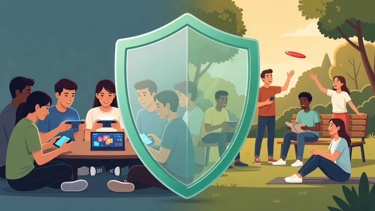 Responsible social gaming safety shield illustration emphasizing balanced screen time