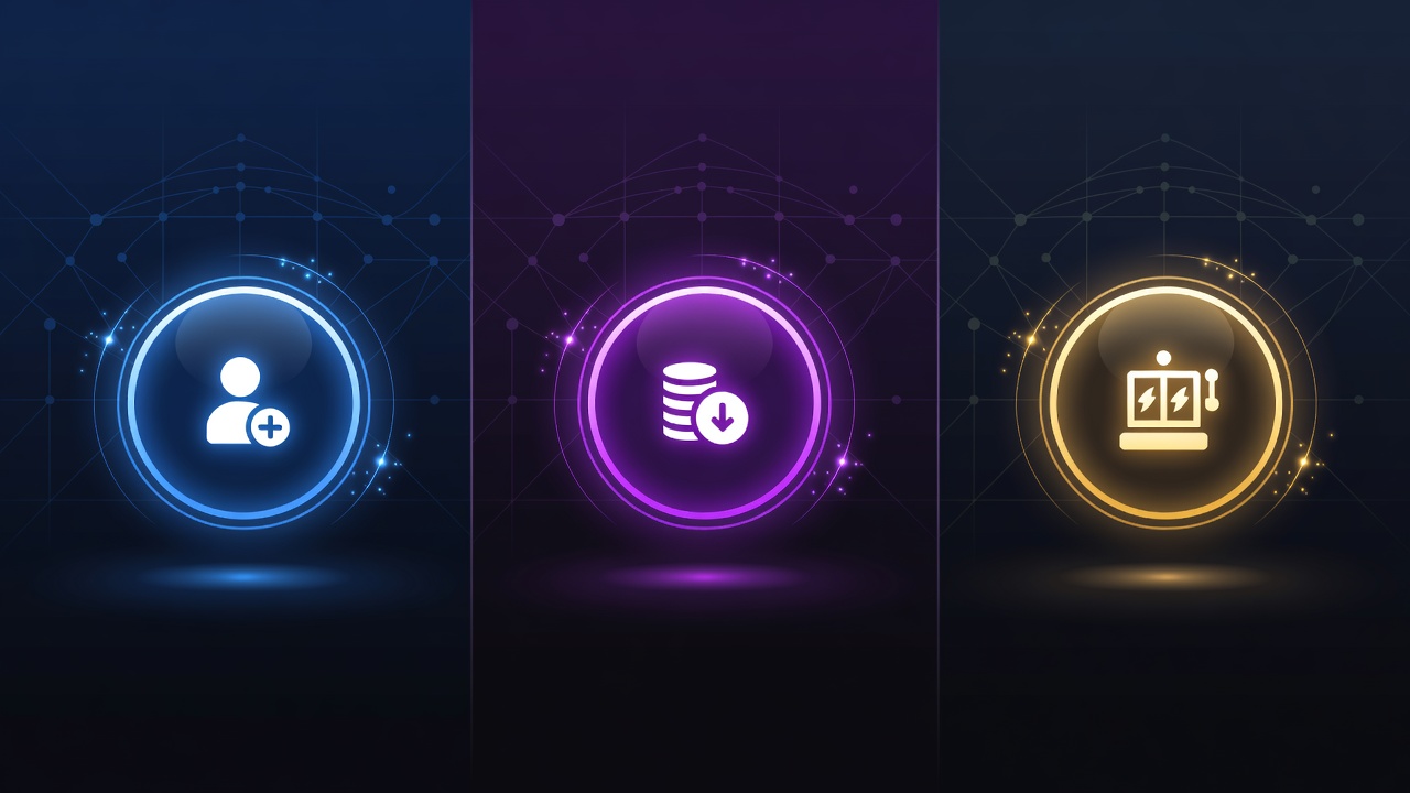 Social casino 3 step quick start guide visual illustration with glowing virtual buttons